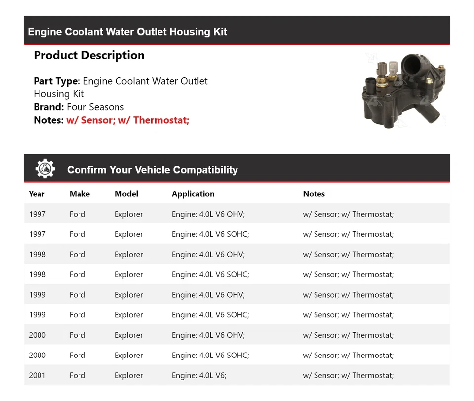 Kit de carcasa de salida de agua de refrigerante de motor Ford Explorer 1997-2001 4 estaciones Foto 2 de 4