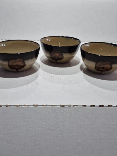 3 Pfaltzgraff Painted Poppies Cereal Soup 6” across top Brown and Tan Bowl