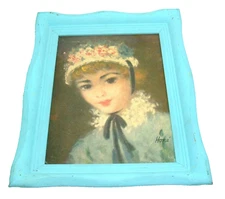 Vintage Print Lady Flower Hat Hone' Upcycled Wood frame Blue shabby cottagecore