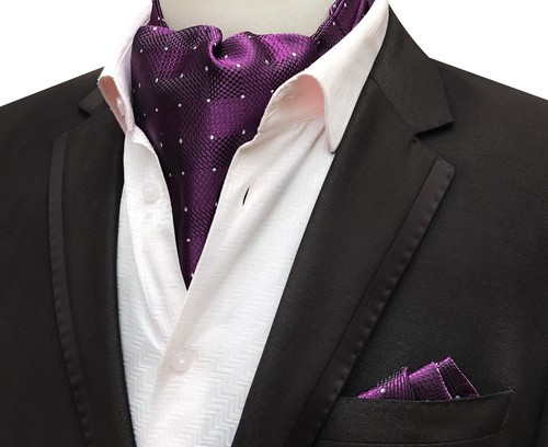 Fashion Habitat Men's Red Polka Dot Cravat Ascot Set – Merlot Tie + Silver Pocket Hanky, Wedding