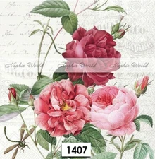 (1407) TWO Paper LUNCHEON Decoupage Art Craft Napkins - ROSES FLOWERS SCRIPT