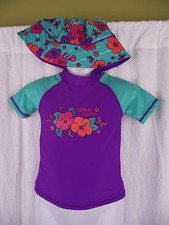 BNWT Girls Sz 1 Cute Aqua/Purple Rash Vest Top Hat Swim Suit Set UPF 50