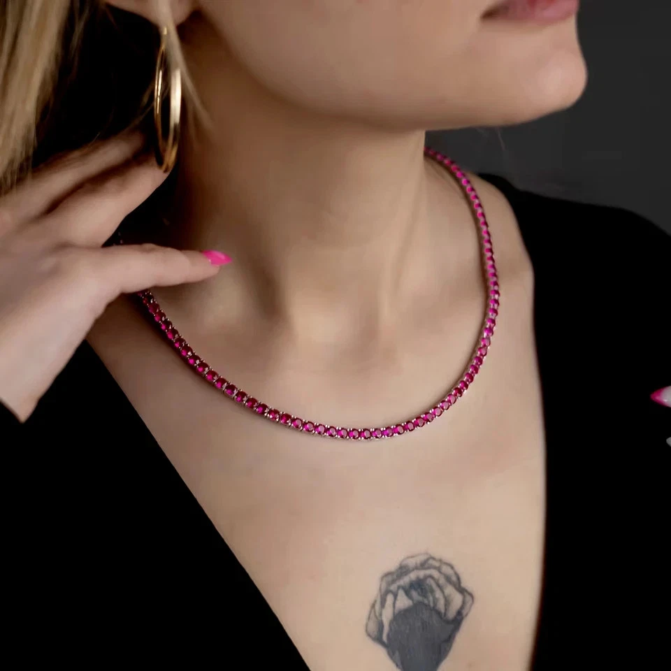 4mm Lab Created Red Ruby Tennis Necklace 18" Round Stones 14K White Gold Plated - Image 3 of 4