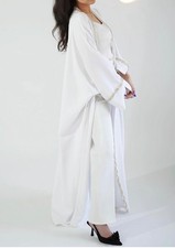 White abaya free size with beads and tulle sleeve details sleeve- elegant modest