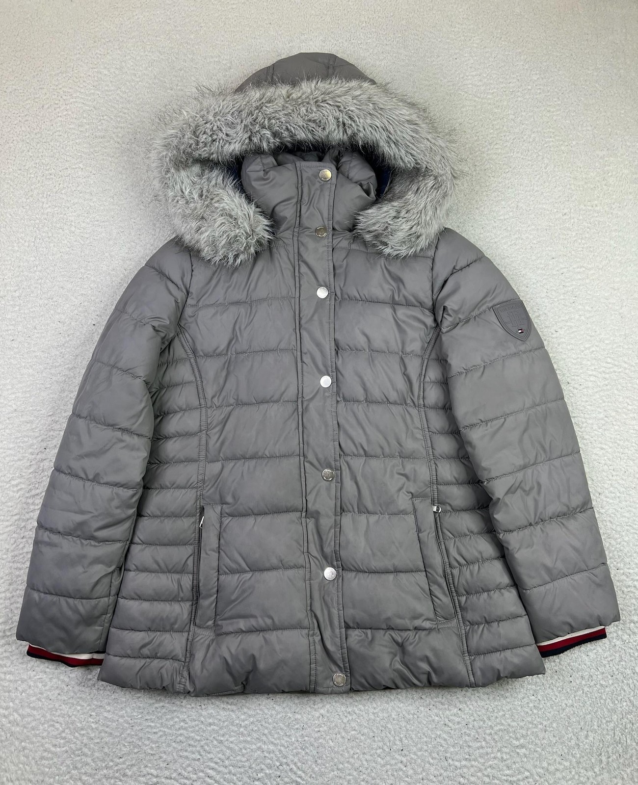 Tommy Hilfiger Puffer Coat Womens Medium Gray Faux Fur Hood Primaloft Insulated