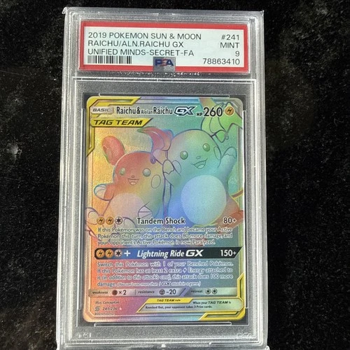 Pokémon Raichu & Alolan Raichu GX (Secret) 241/236 Sm-Unified Minds Holo PSA 9
