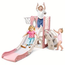    6-in-1 Kids Playset: Indoor/Outdoor Slide with Basketball Hoop, Ball, and Rin