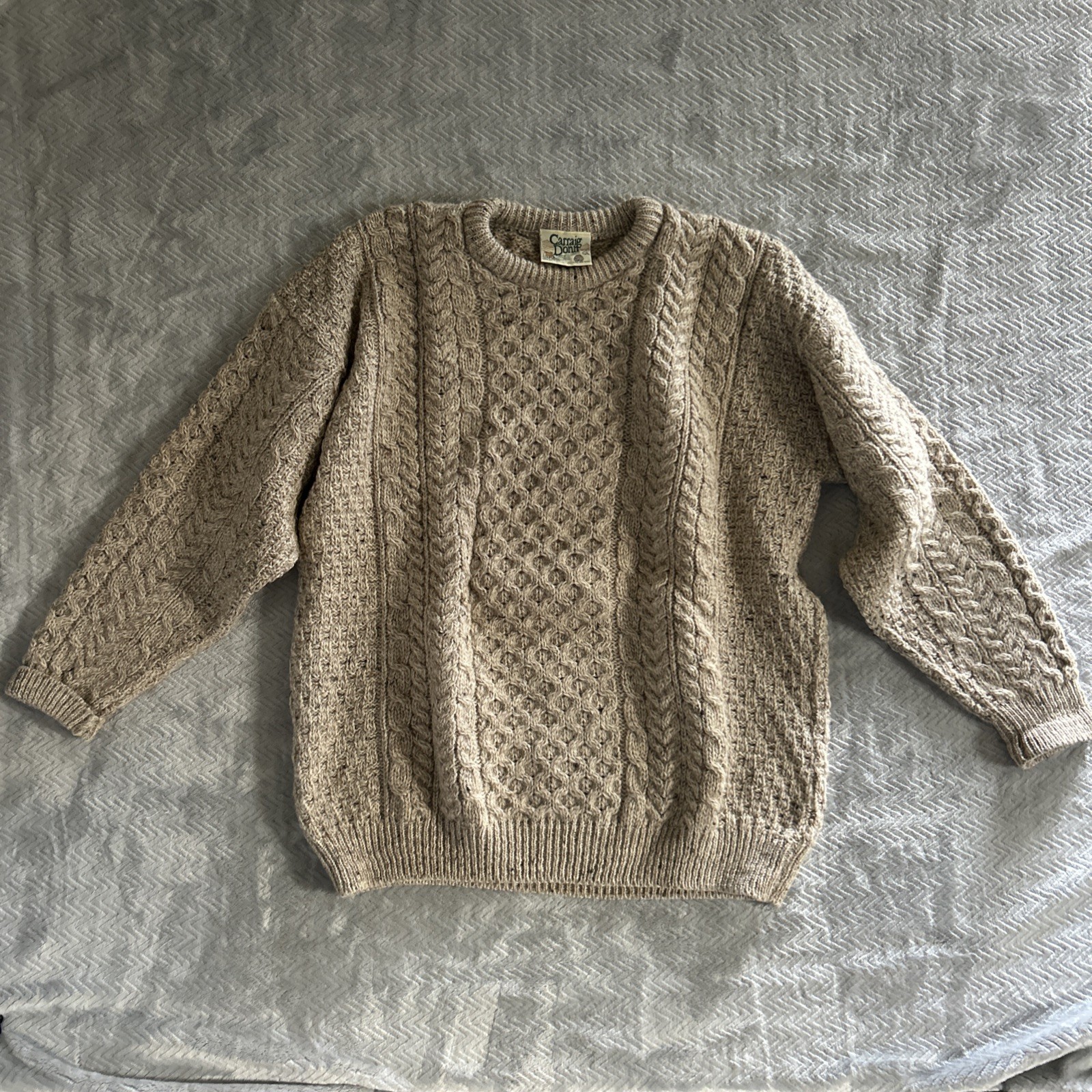 Cream Aran cable knit wool fisherman sweater by Carraig Donn, Ireland