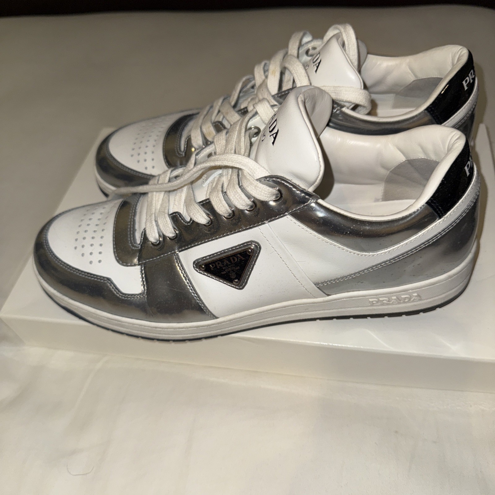 Prada Silver Downtown Leather Sneakers Mens Size 10