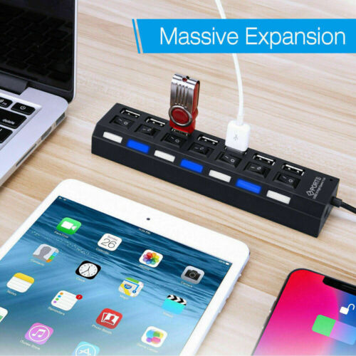 2X USB Hub 7 Port On/Off Switch High Speed Splitter AC Adapter Cable PC Laptop