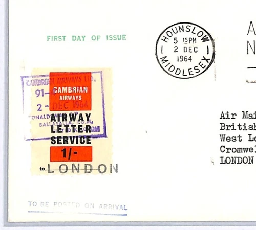 GB ISLE OF MAN Cover *CAMBRIAN AIRWAYS* 1s Letter Stamp 1964 FDC Air IOM WY155