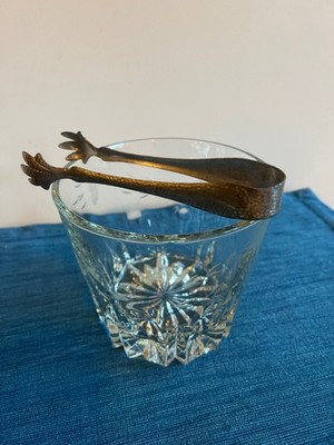 Mid-Century Cut Crystal Ice Bucket with Etched Leaf Motif & Claw Tongs