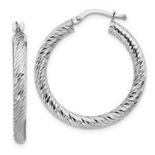 Italian 14k White Gold 3mm x 27mm Small Diamond Cut Swirling Hoop Earrings