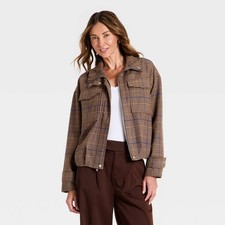 Women's Plaid Funnel Neck Field Jacket - A