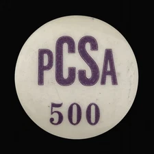 Vintage PCSA 500 Pinback Button Purple Text L.A. Stamp & Stat Co.