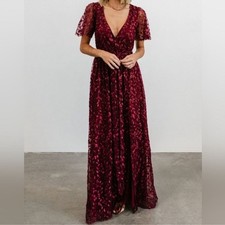 Baltic Born Marseille Embossed Textured Floral Maxi Dress Burgundy Womens XS