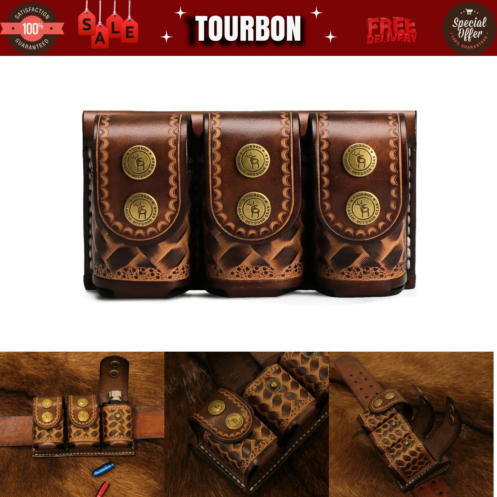TOURBON Leather Revolver Speed Loader Case Holster .22 .38 357 Three Carry Pouch