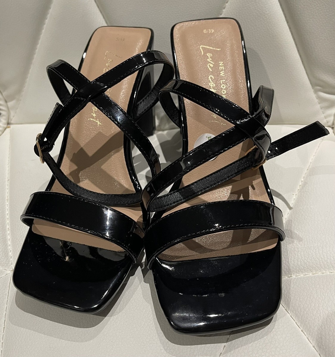 New Look square toe block heeled sandals in black size uk new