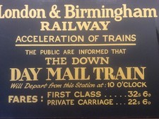 Vintage Rail Sign Advertising London Birmingham Railway Mail Train Fare Charges