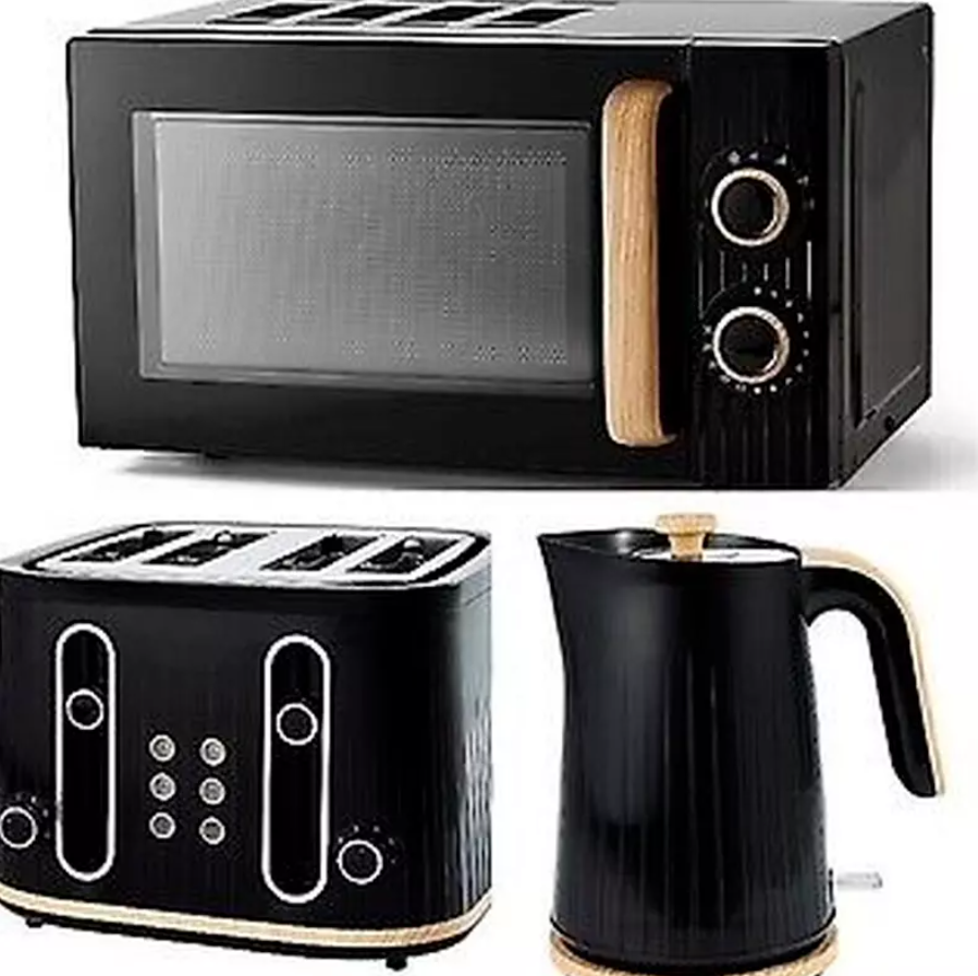 Wood Textured Scandi Kettle Toaster and Microwave Set Stylish