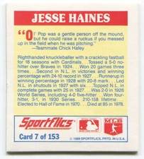1989 Sportflics Trivia Insert #7 Jesse Haines St. Louis Cardinals