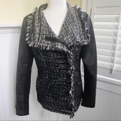 Vince Leather Sleeve Drape Front Black Moto Jacket Women's