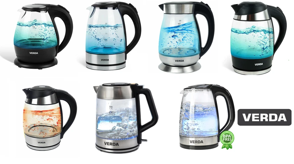 VERDA Wasserkocher 2200W Edelstahl LED Beleuchtung Kabelloss Glas klein 100% BPA FREI