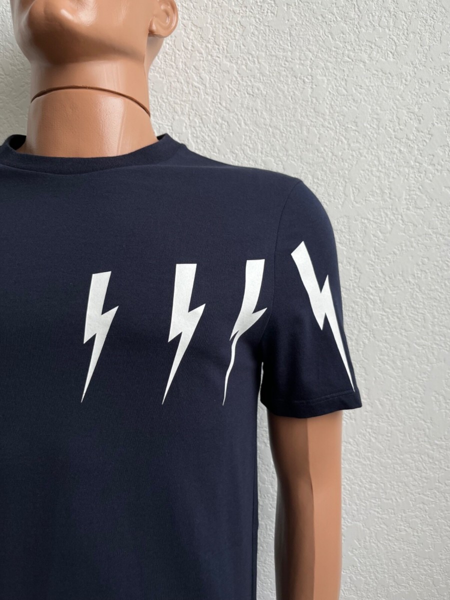 Neil Barrett Mens Slim Fit Lightening Bolt Navy Blue T Shirt Neil Barrett Mens Slim Fit Lightening Bolt Navy Blue T Shirt