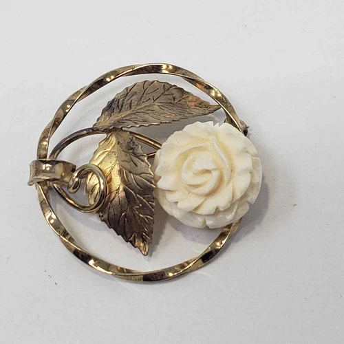 KL Signed Carved Rose Circle Brooch Pin Vintage Costume Jewelry 12K Gold Filled