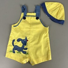 Vintage Baby Outfit Overalls Yellow Blue Dog and Hat Mid Century