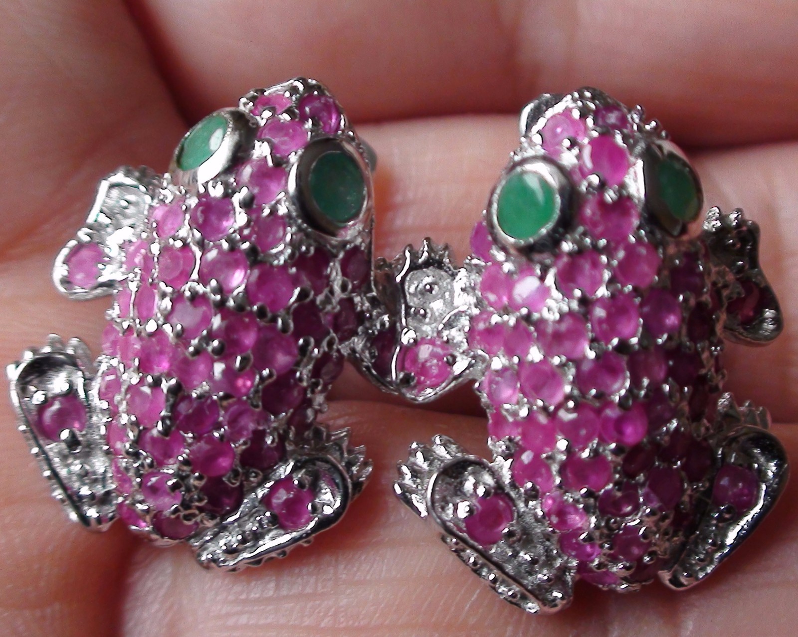 BIG! FROG SHAPE NATURAL RUBY,EMERALD EARRINGS 925… - image 1