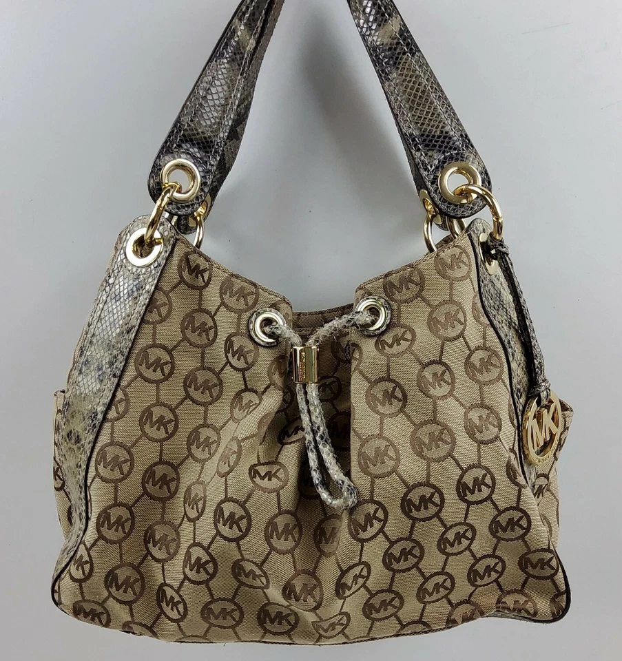Michael Kors Signature Python Trim Drawstring Shoulder Handbag Purse - Image 2 of 4