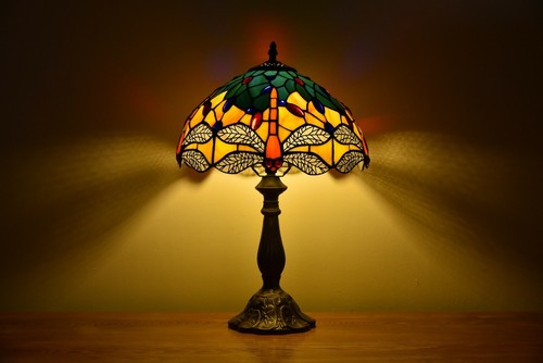 Dia 12" Dragonfly Handmade Stained Glass Tiffany Table Lamp Desk Light H 18" - Picture 9 of 9