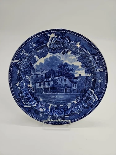 Adam's House 1845 Lamb Tavern 1746 Wedgewood Blue Transferware Plate 9 1/4"