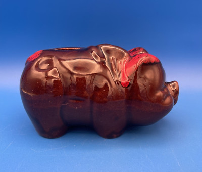 Vintage McMaster Craft Brown Pottery Pig Bank with Red Drip Glaze w Orig Sticker