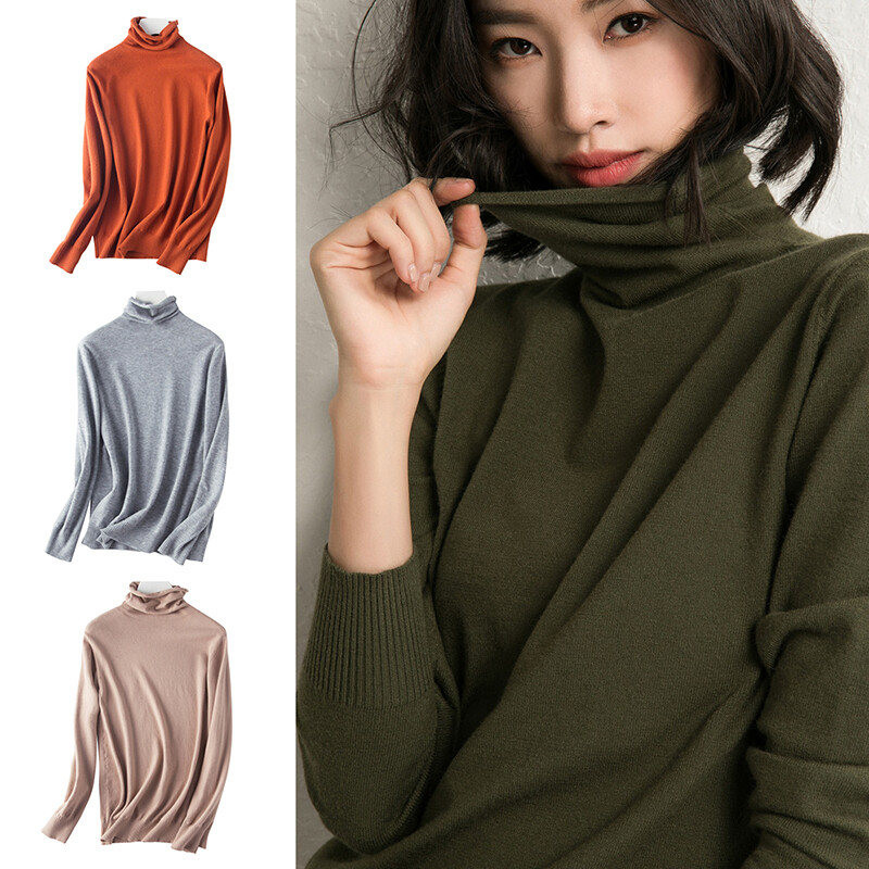 Women's Autumn Winter Turtleneck Sweater - Slim Fit Solid Knitted Cashmere Blend Pullover - Soft & Warm
