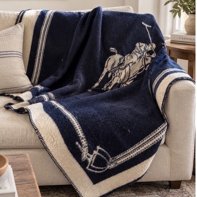 Ralph Lauren Wool Blanket 62x65 Navy Cream Reversible Polo Player Swiss *READ*