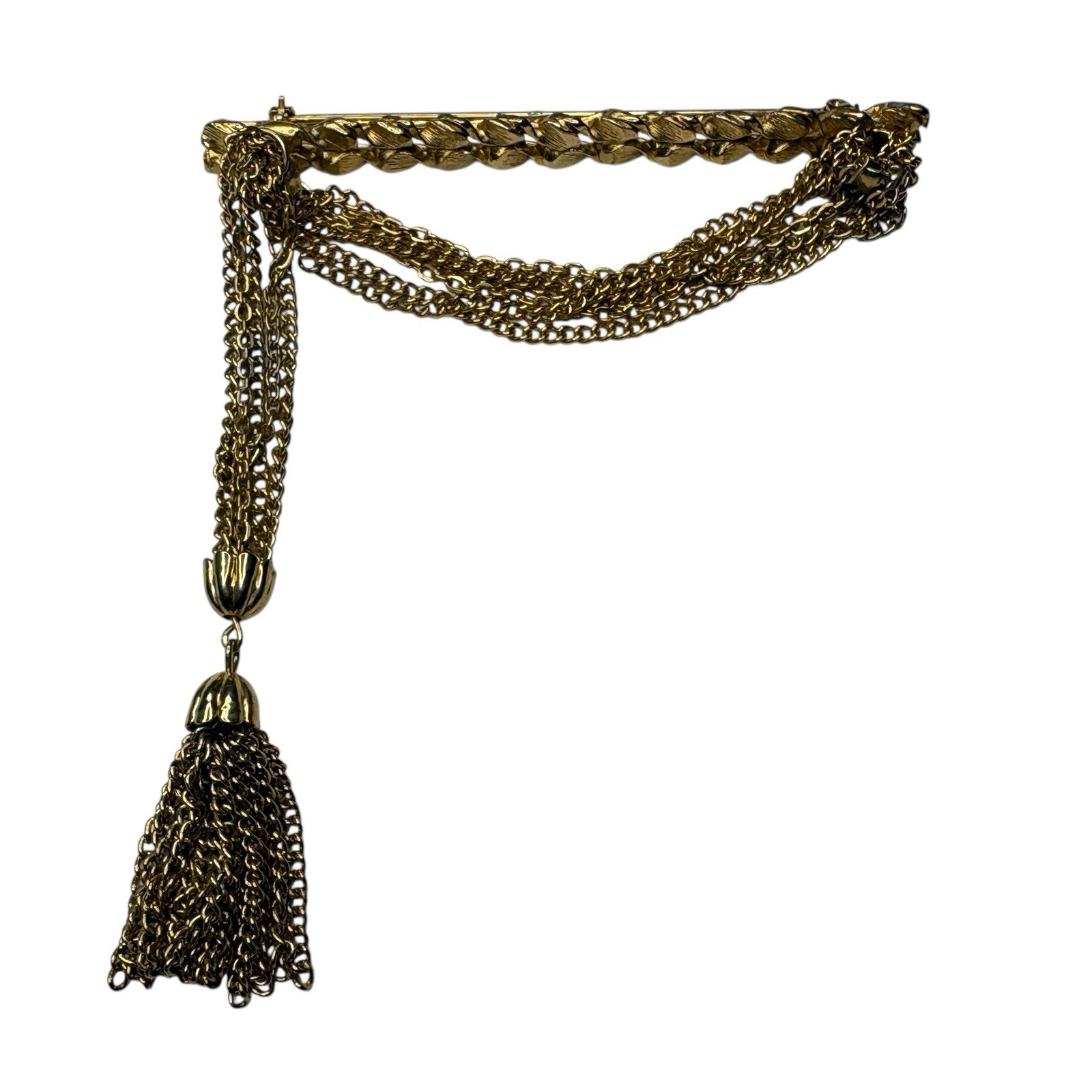 Vintage Gold-Tone Multi-Strand Tassel Chain Brooch Pin With Textured Detailing