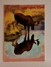 Moose getting a Drink ACEO Original Animal Hand PAINTING by Leslie Popp