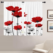Red Floral Window Curtains for Bedroom 52 X 63 Inch Rod Pocket Wide Vintage Cute
