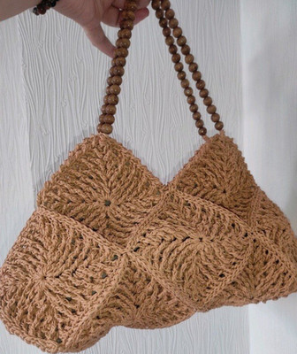 Beige Crochet Women s Shoulder Bag with Brown Wood Bead Strap