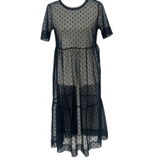 90s Black Mesh Polka Dot Tiered Midi Dress Sheer Overlay Whimsygoth Vamp S/M