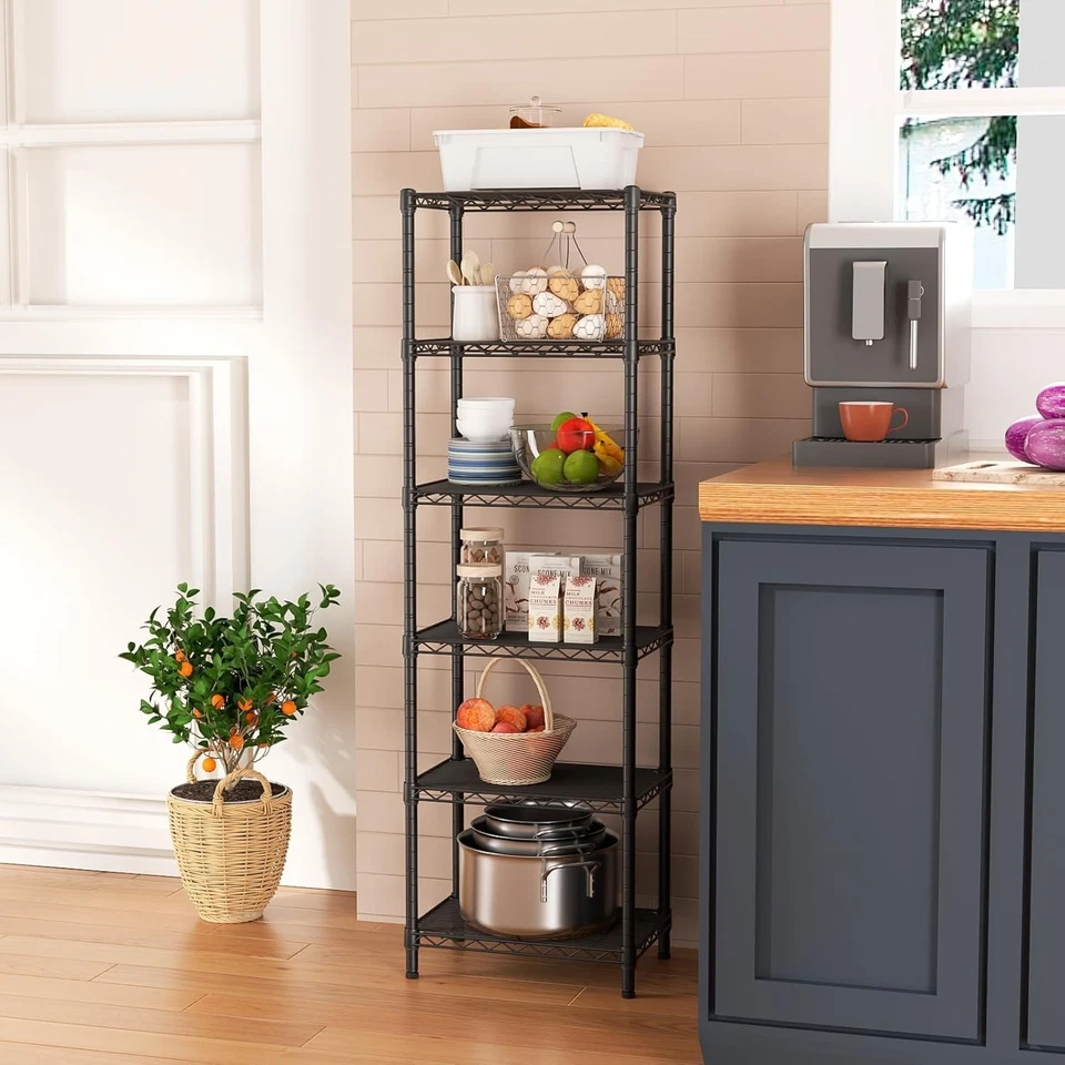 Estantes de almacenamiento ajustables de 6 niveles huecos de malla estrecha estante utilitario de metal negro nuevo Foto 3 de 4