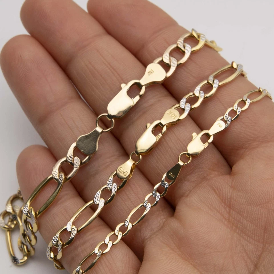 10K Yellow White Gold Diamond-Cut Figaro ID Bracelet All Sizes - Image 2 of 4