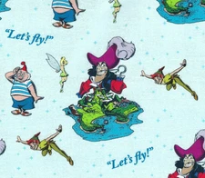 Licensed Disney Cotton Fabric PETER PAN NEVERLAND Captain Hook TINKERBELL Smee
