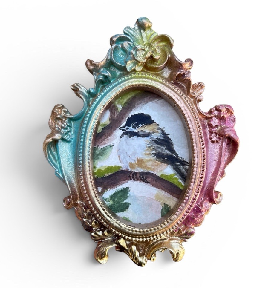 Chickadee mini watercolor bird print • gold vintage style ornate frame