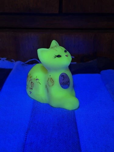 Fenton Cream Custard Satin Glass Cat Hand Painted Floral Figurine C. Smith