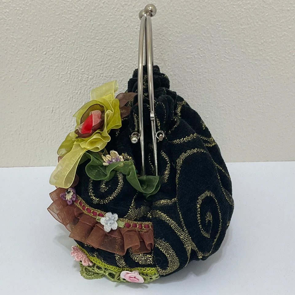 Bolso de mano de terciopelo negro bordado de colección cinta encaje adornado caprichoso cabaña Foto 4 de 4