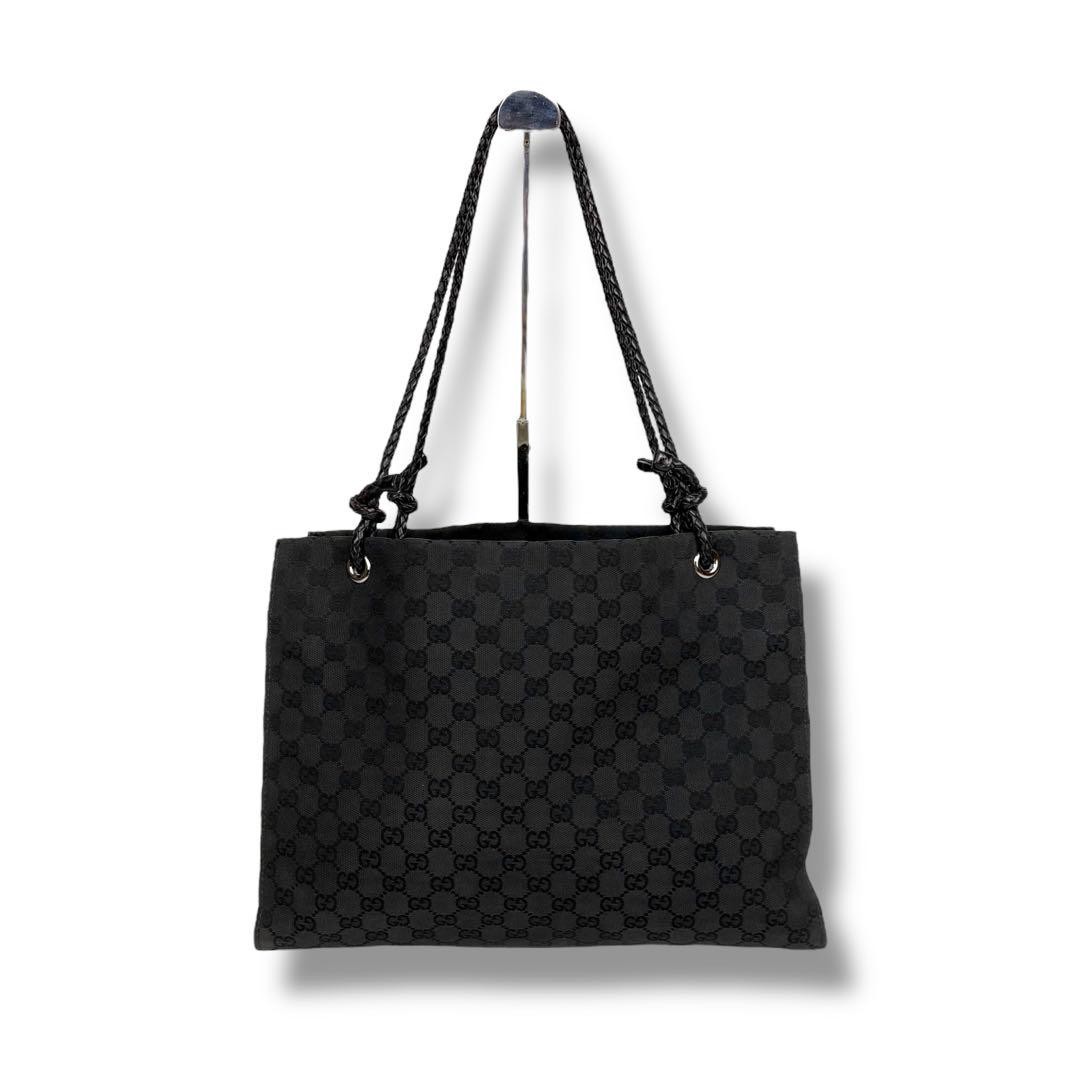 Gucci GG Canvas Tote Bag Black Leather Braided Handles Used