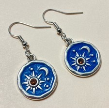 Silver Sun Moon Star Blue Enameled Dangle Drop Circle Round Earrings